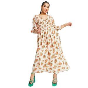 NWOT Womens Coral Orange Floral Roses Smocked Long Sleeve Maxi Dress